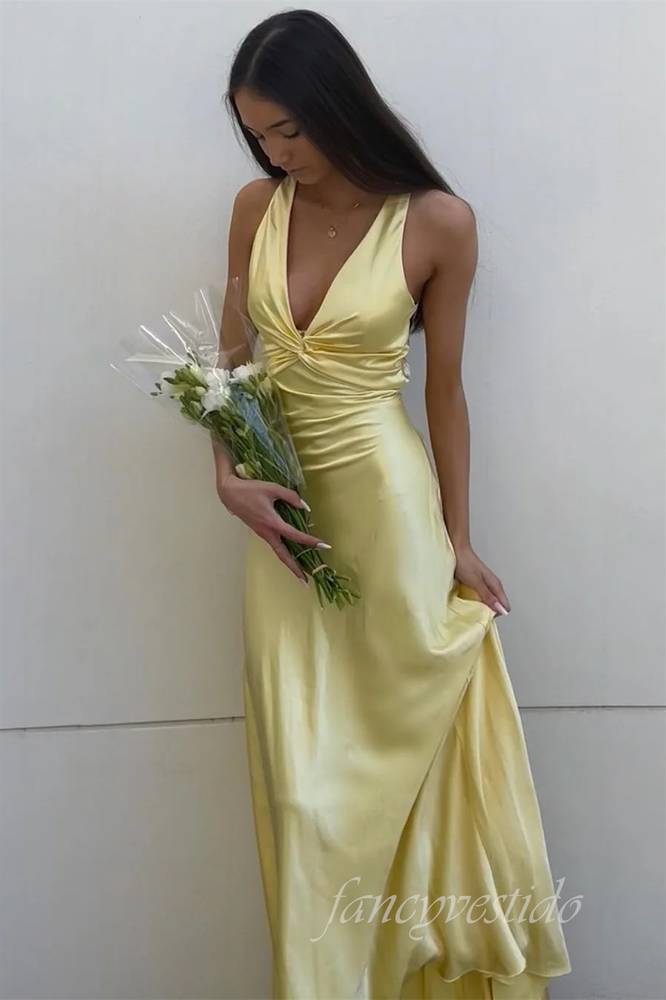 Saxi V-Neck Yellow Mermaid Maxi Dress with Lace-up Back