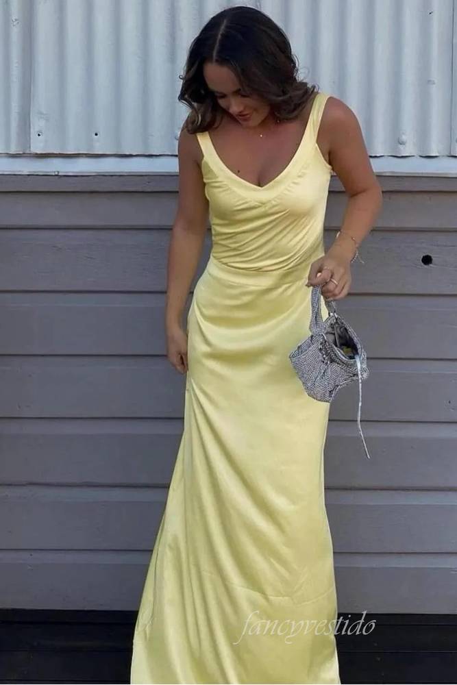 Sexy Yellow V-Neck Party Dress with Cross Back