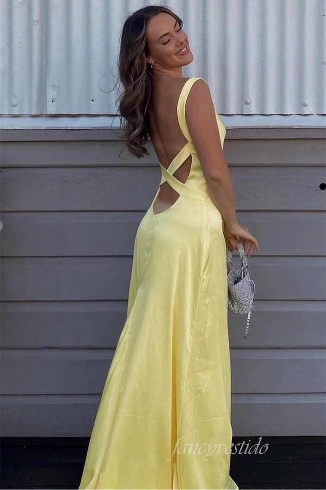 Sexy Yellow V-Neck Party Dress with Cross Back