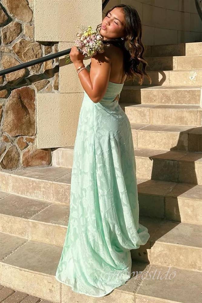 Strapless Mint Green Lace Prom Dress with Slit