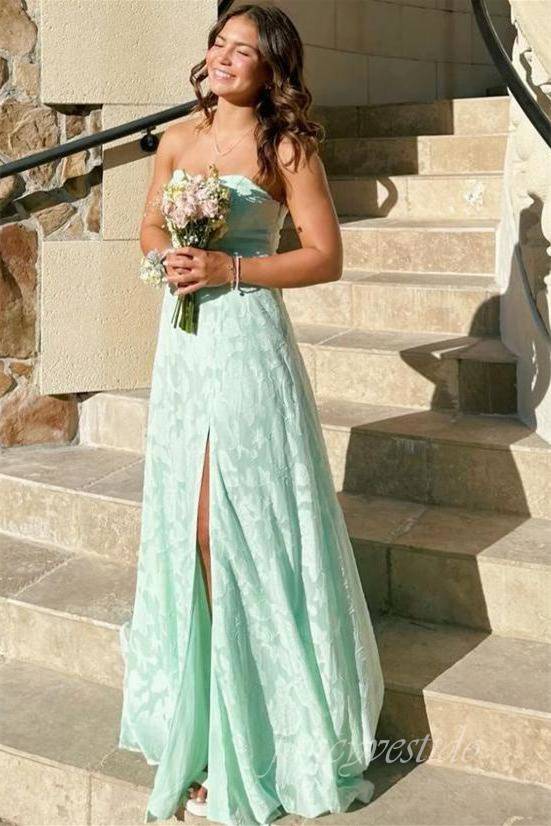 Strapless Mint Green Lace Prom Dress with Slit