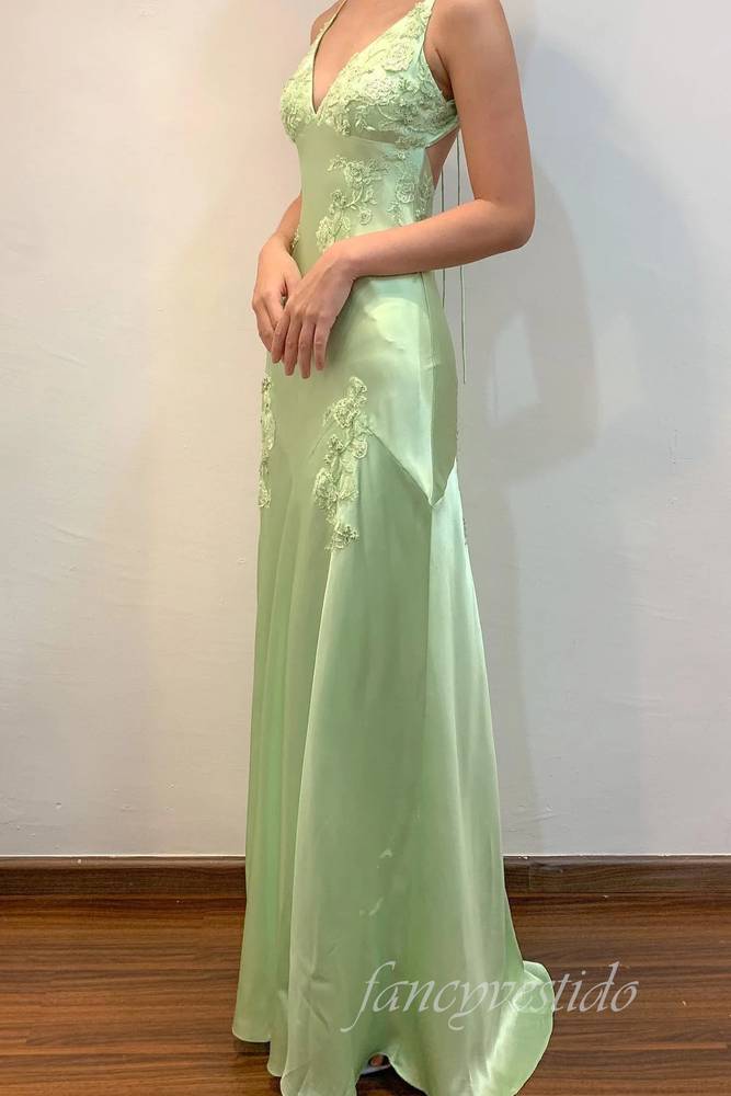 Green V-Neck Appliques Satin Mermaid Party Dress with Open Back