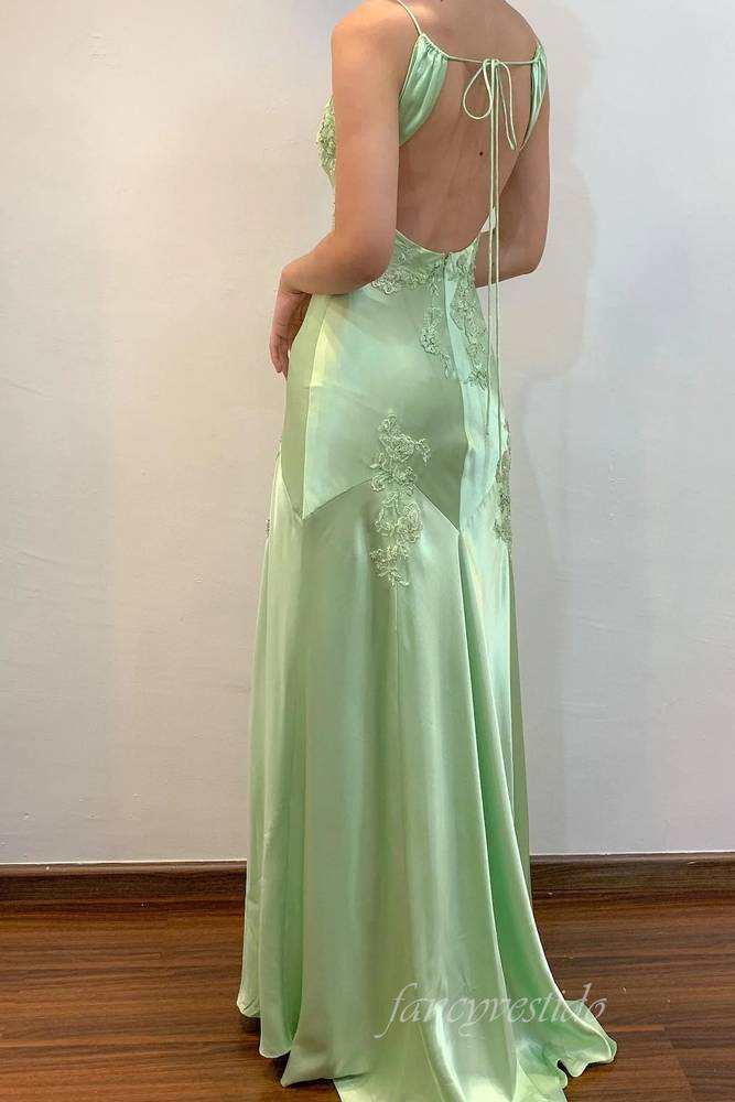 Green V-Neck Appliques Satin Mermaid Party Dress with Open Back
