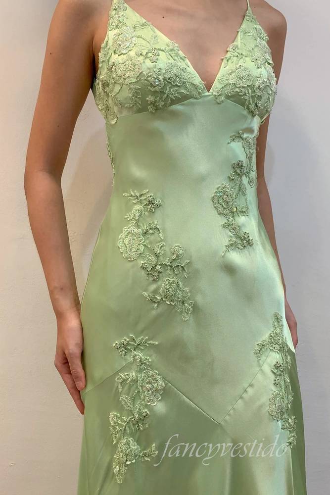 Green V-Neck Appliques Satin Mermaid Party Dress with Open Back