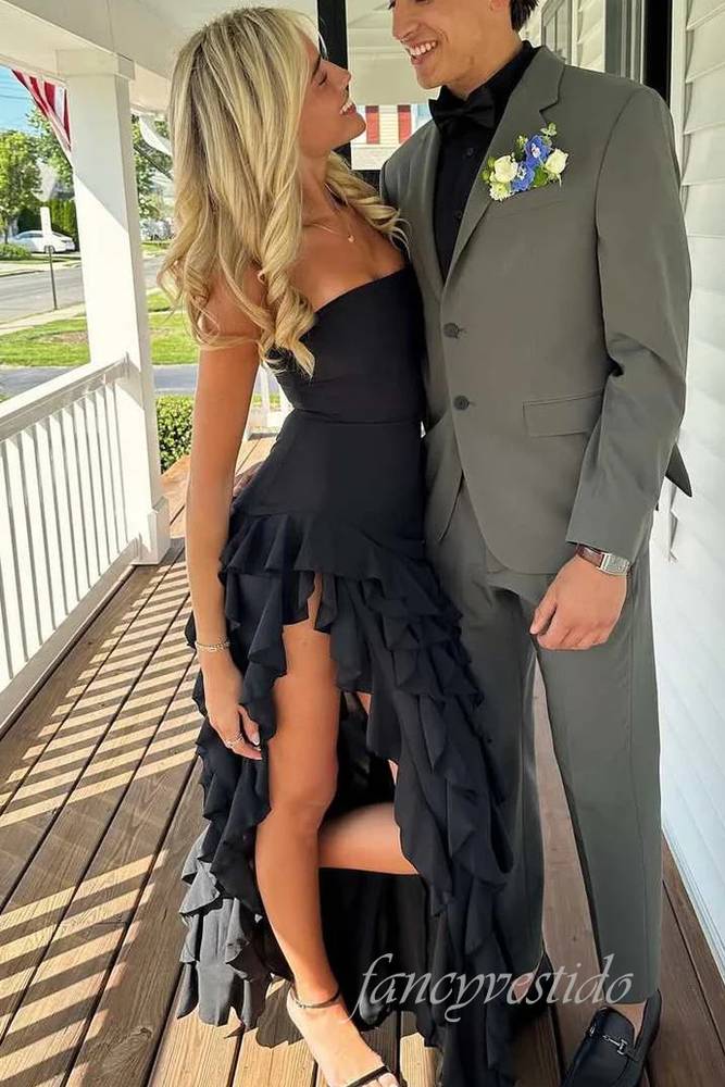 Strapless Black Ruffle High Prom Dress