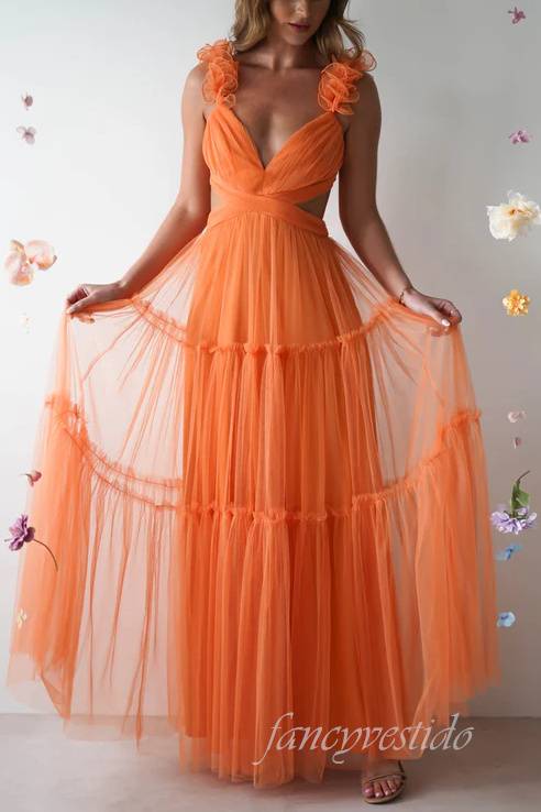 V-Neck Orange Cutout Tulle Prom Dress Bow Back