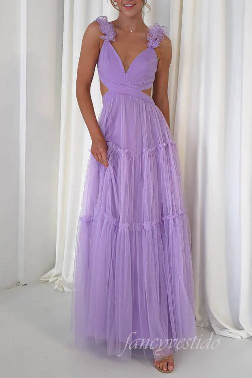 V-Neck Orange Cutout Tulle Prom Dress Bow Back