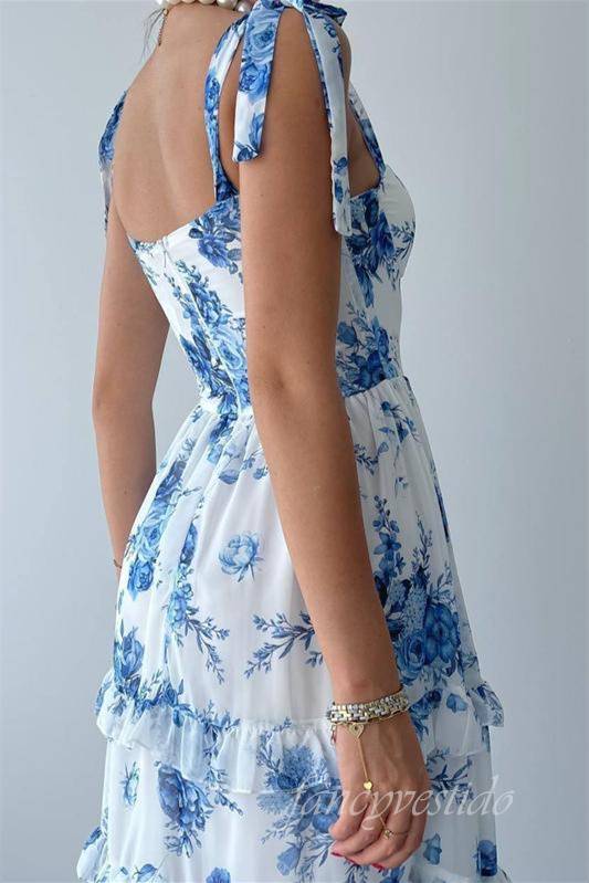 Bow Tie Straps Blue Floral Print A-Line Prom Dress
