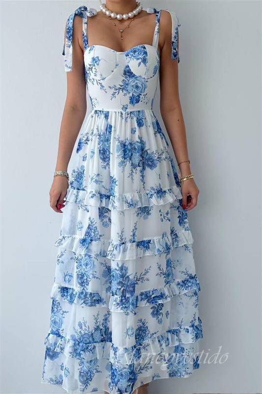 Bow Tie Straps Blue Floral Print A-Line Prom Dress