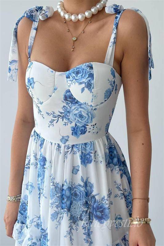 Bow Tie Straps Blue Floral Print A-Line Prom Dress