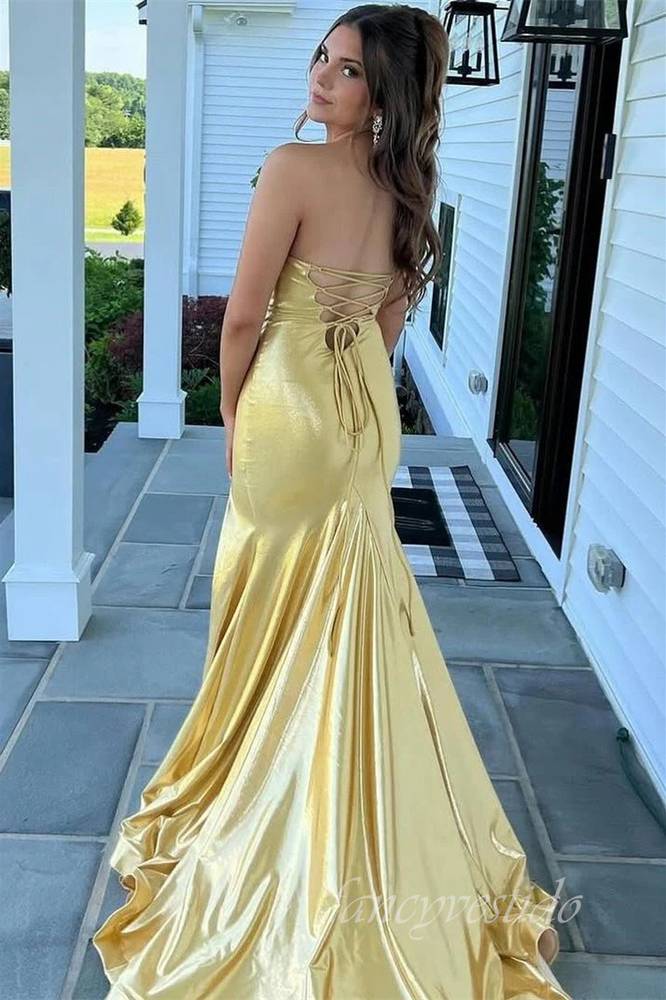 Strapless Sheath Mermaid Slit Prom Dress with Lace-up
