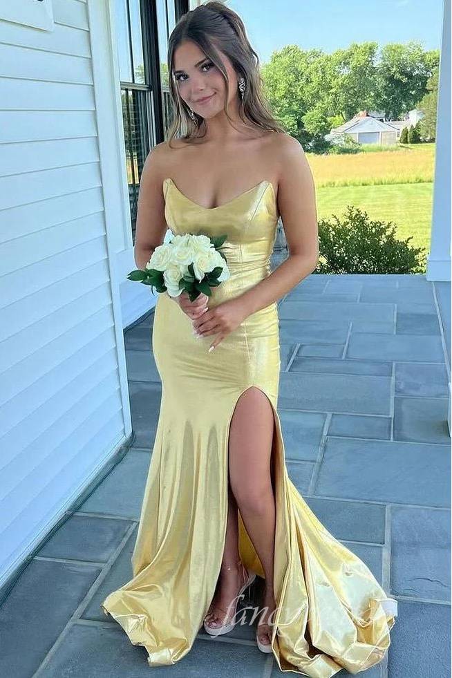 Strapless Sheath Mermaid Slit Prom Dress with Lace-up