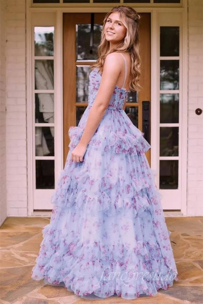 Straps Corset Floral Print Layered Tulle  Prom Dress