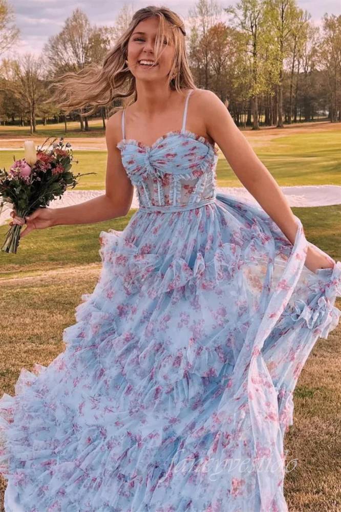 Straps Corset Floral Print Layered Tulle  Prom Dress