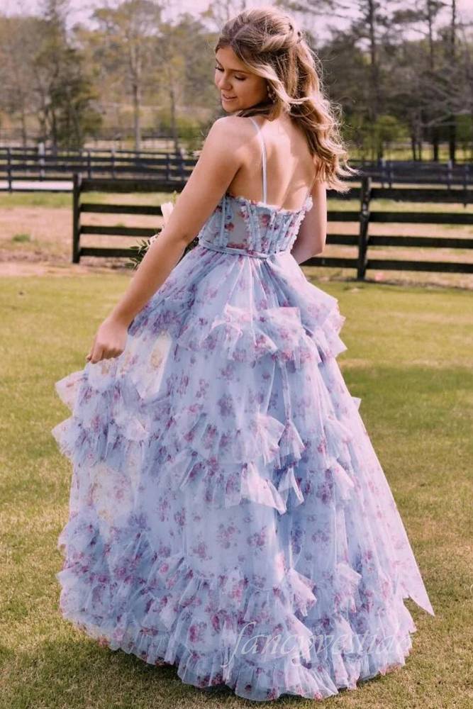 Straps Corset Floral Print Layered Tulle  Prom Dress