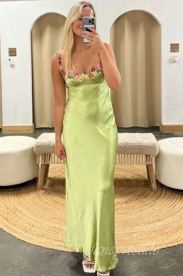 Sexy Straps Green Embroidery Floral Applique Maxi Dress