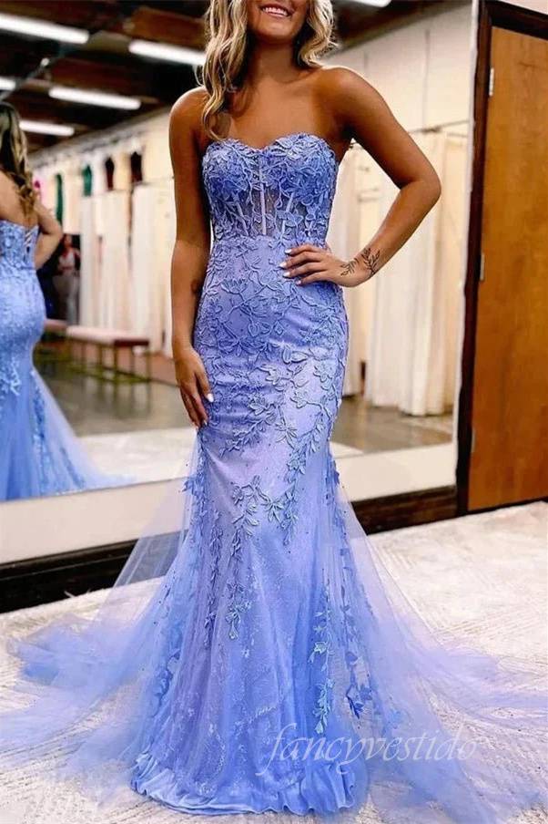 Sweetheart Lilac Lace Applique Mermaid Prom Dress