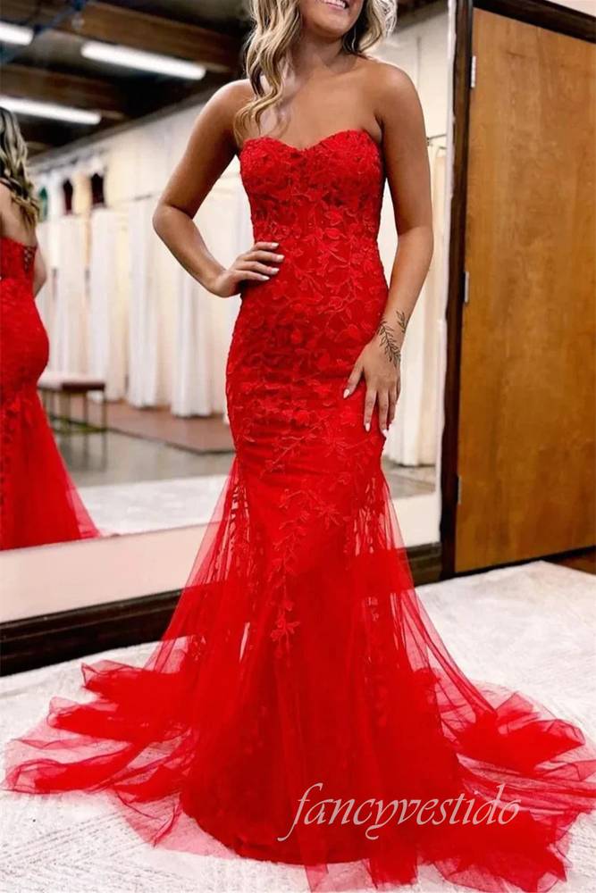 Sweetheart Lilac Lace Applique Mermaid Prom Dress