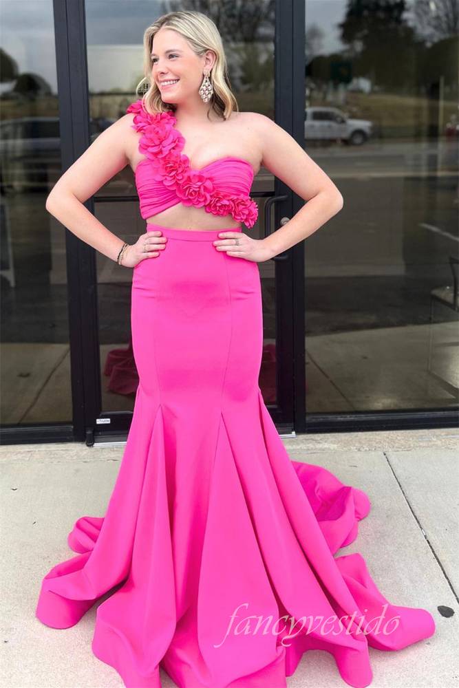 One Shoulder Hot Pink Mermaid Prom Dress with 3D Floral