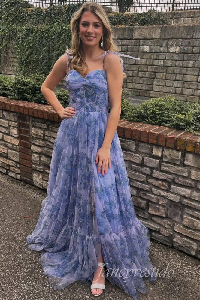 Straps Floral Print Layered Tulle Prom Dress with Slit