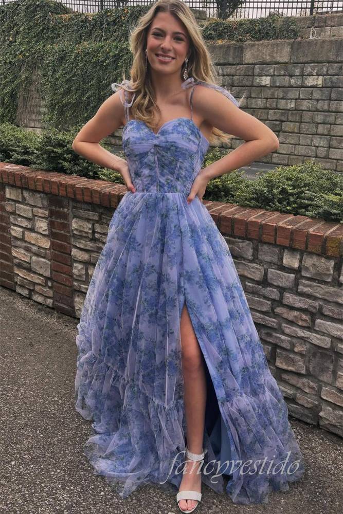 Straps Floral Print Layered Tulle Prom Dress with Slit