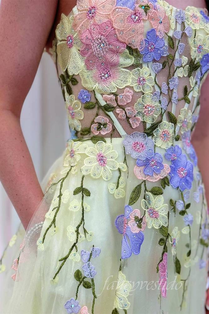Yellow Straps Embroidery AppliqueTulle Prom Dress