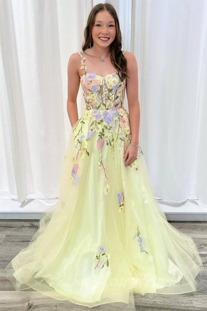 Yellow Straps Embroidery AppliqueTulle Prom Dress