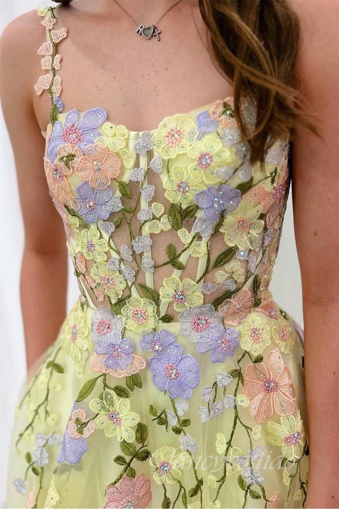 Yellow Straps Embroidery AppliqueTulle Prom Dress