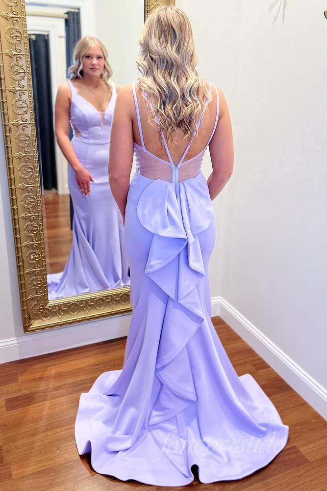 Straps V-Neck Satin Mermaid Prom Dress with Ruffle Back