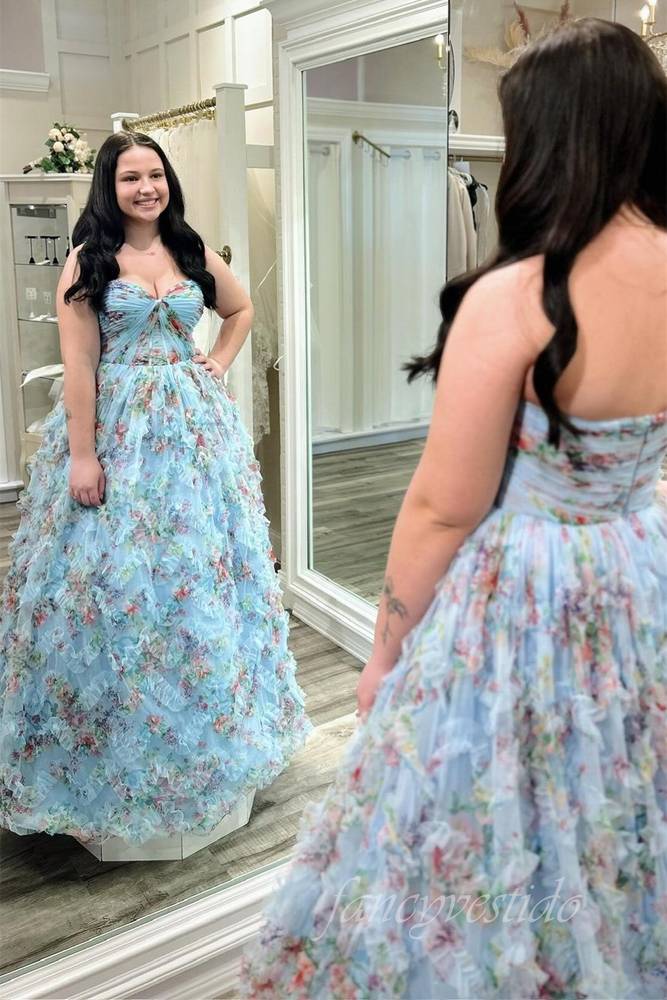 Floral Print Corset Tulle Layered A-Line Prom Dress