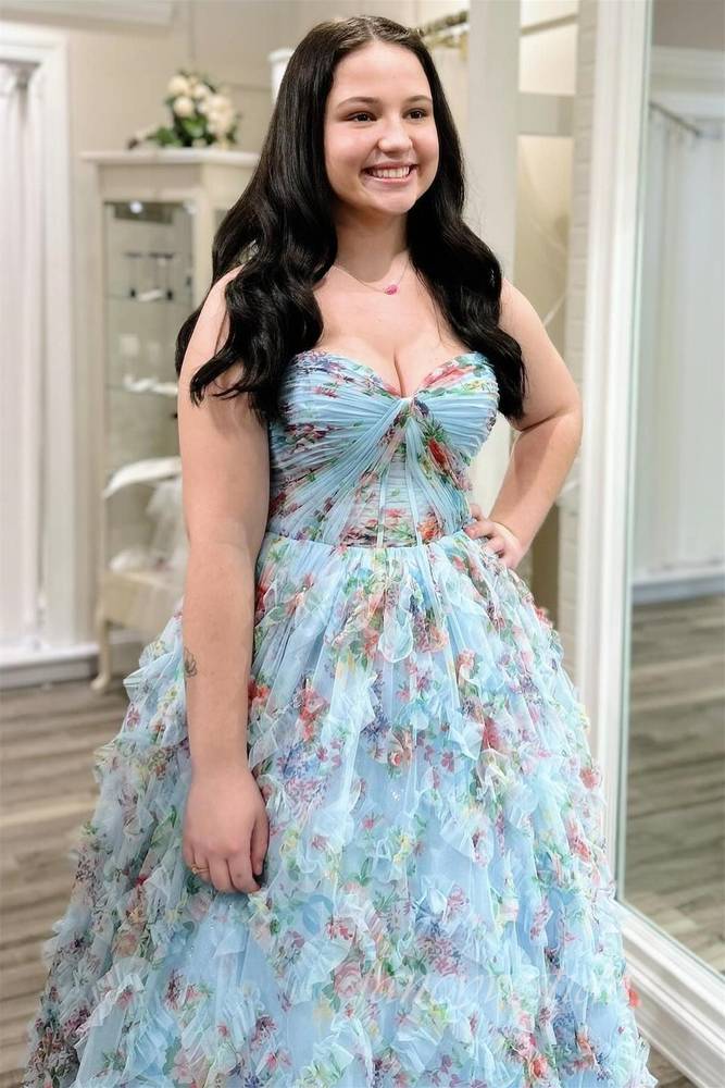 Floral Print Corset Tulle Layered A-Line Prom Dress