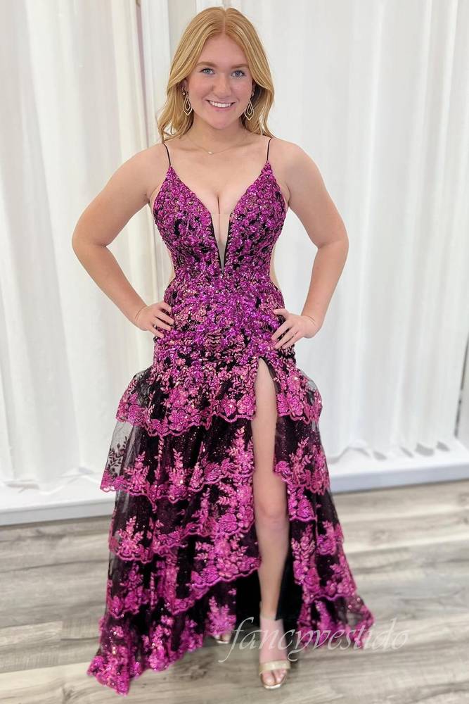 Straps Applique Fuchsia Mermaid Prom Dress with Slit