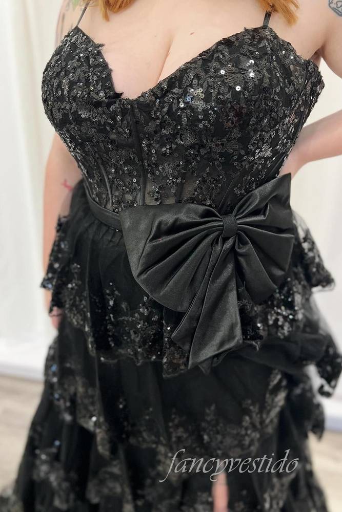 Straps Black Sequin Applique Ruffle Prom Dress with Slit