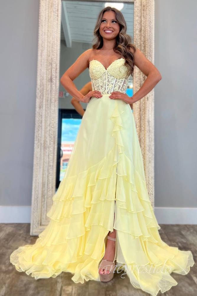 Sweetheart Applique Chiffon Ruffle Prom Dress with Slit