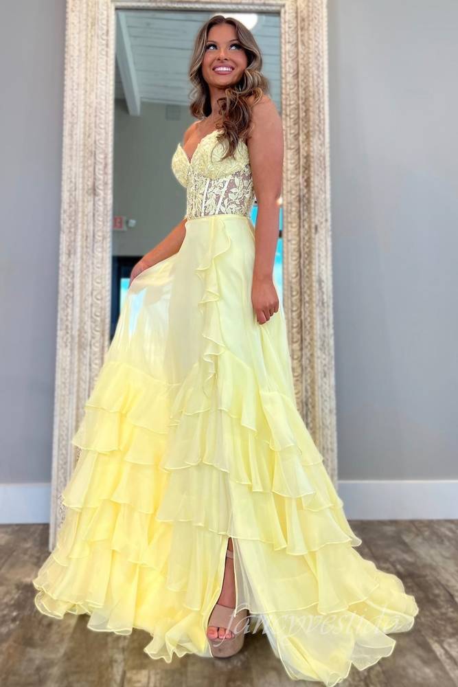Sweetheart Applique Chiffon Ruffle Prom Dress with Slit