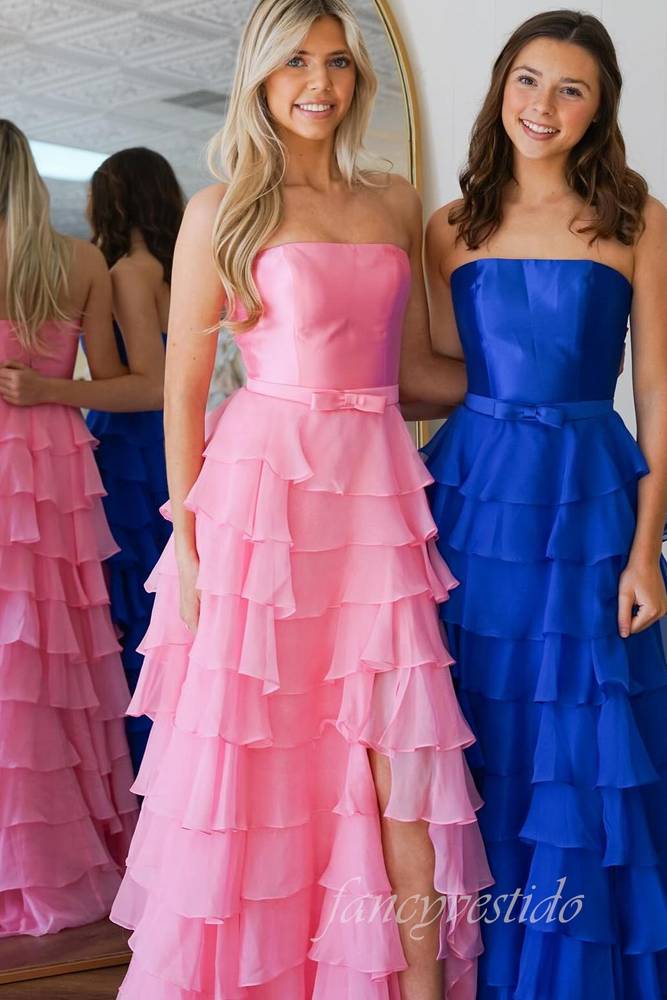 Pink Strapless Ruffle Chiffon Prom Dress with Slit