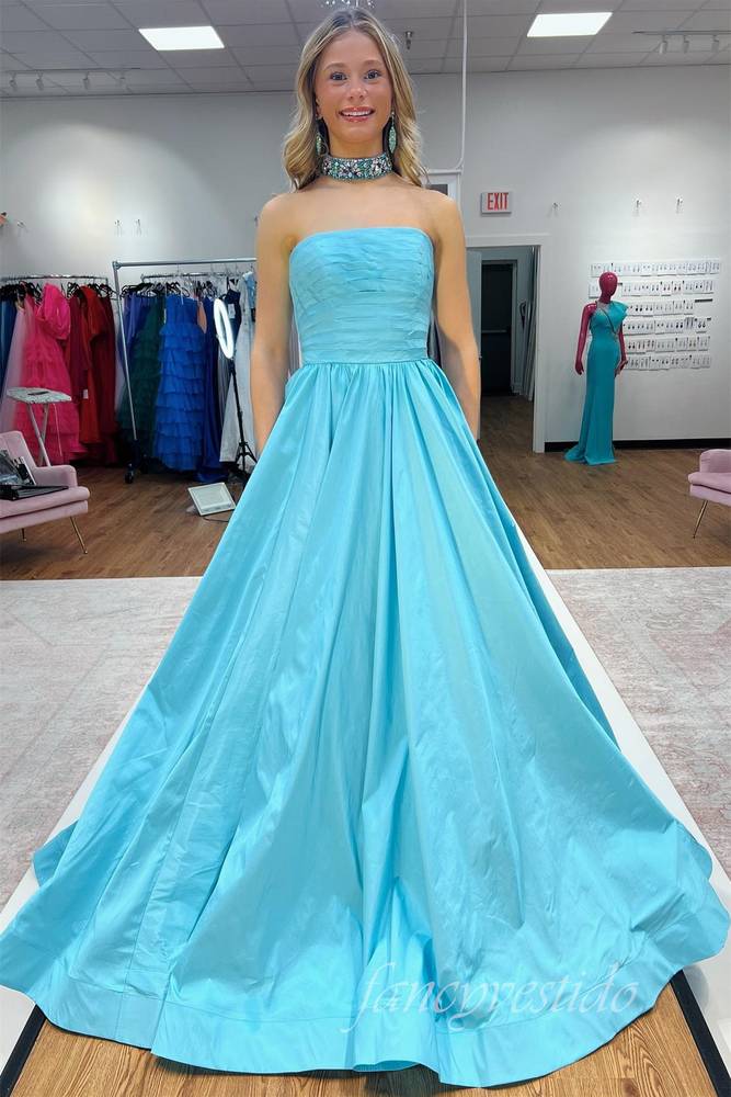 Blue Strapless Pleated A-Line Prom Dress