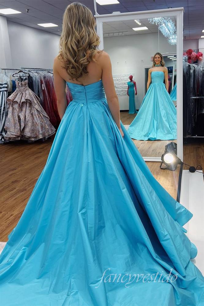 Blue Strapless Pleated A-Line Prom Dress