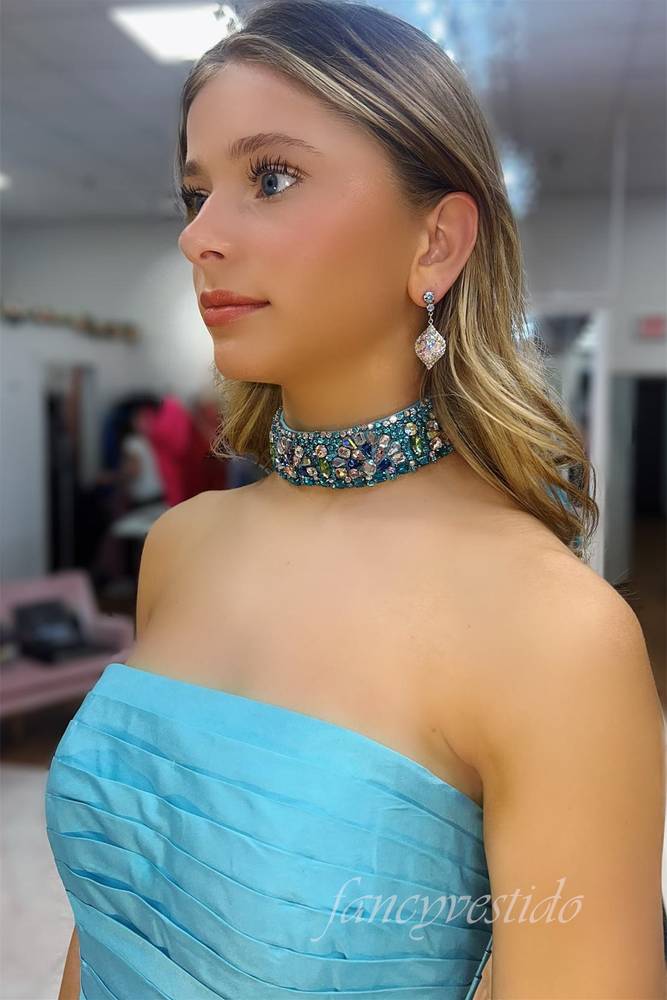 Blue Strapless Pleated A-Line Prom Dress