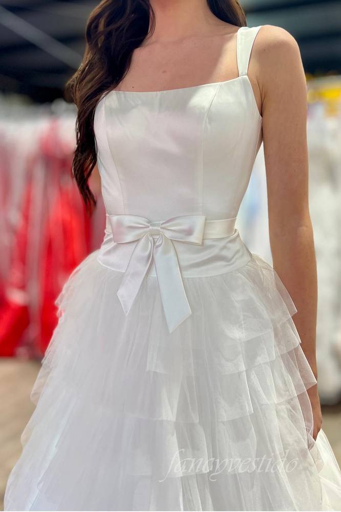 Square Neck  White A-Line Ruffle Prom Dress with Bow