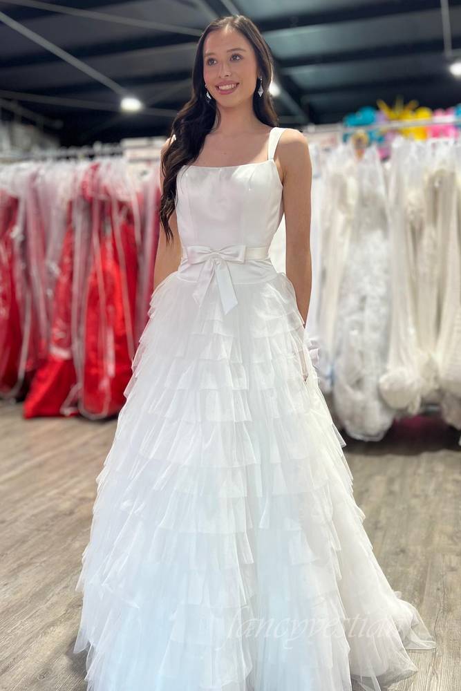 Square Neck  White A-Line Ruffle Prom Dress with Bow