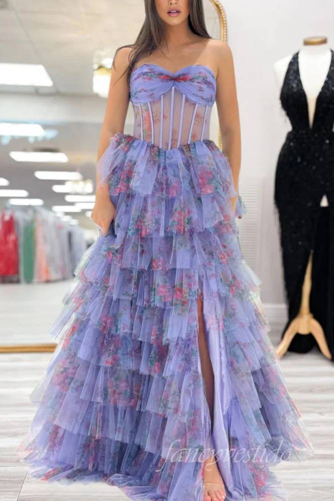 Strapless Floral Print Tiered A-Line Prom Dress with Slit