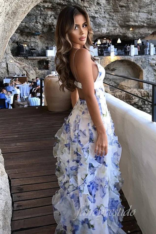 V-Neck Blue Floral Print Tiered Prom Dress with Open Back