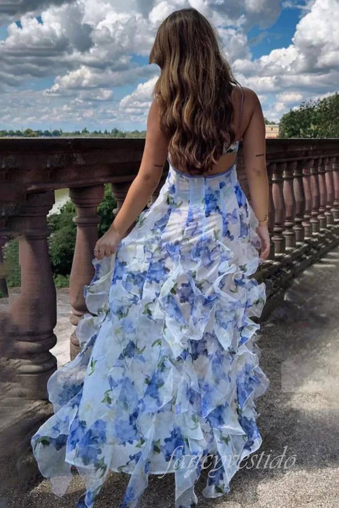 V-Neck Blue Floral Print Tiered Prom Dress with Open Back