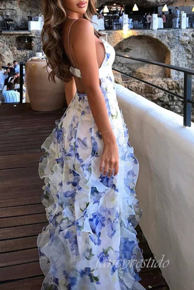 V-Neck Blue Floral Print Tiered Prom Dress with Open Back