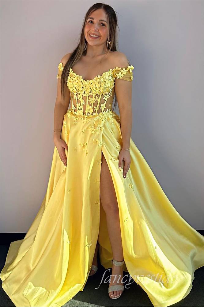 Off Shoulder Yellow 3D Floral A-Line Prom Dress with Slit