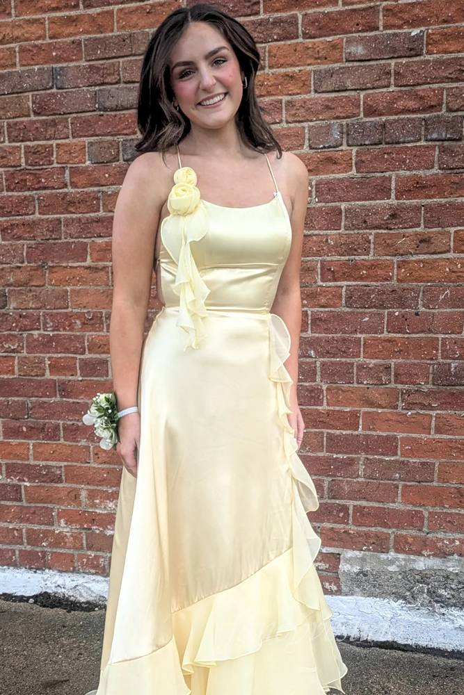 Crew Neck Ruffle A-Line Prom Dress with Lace-up Back