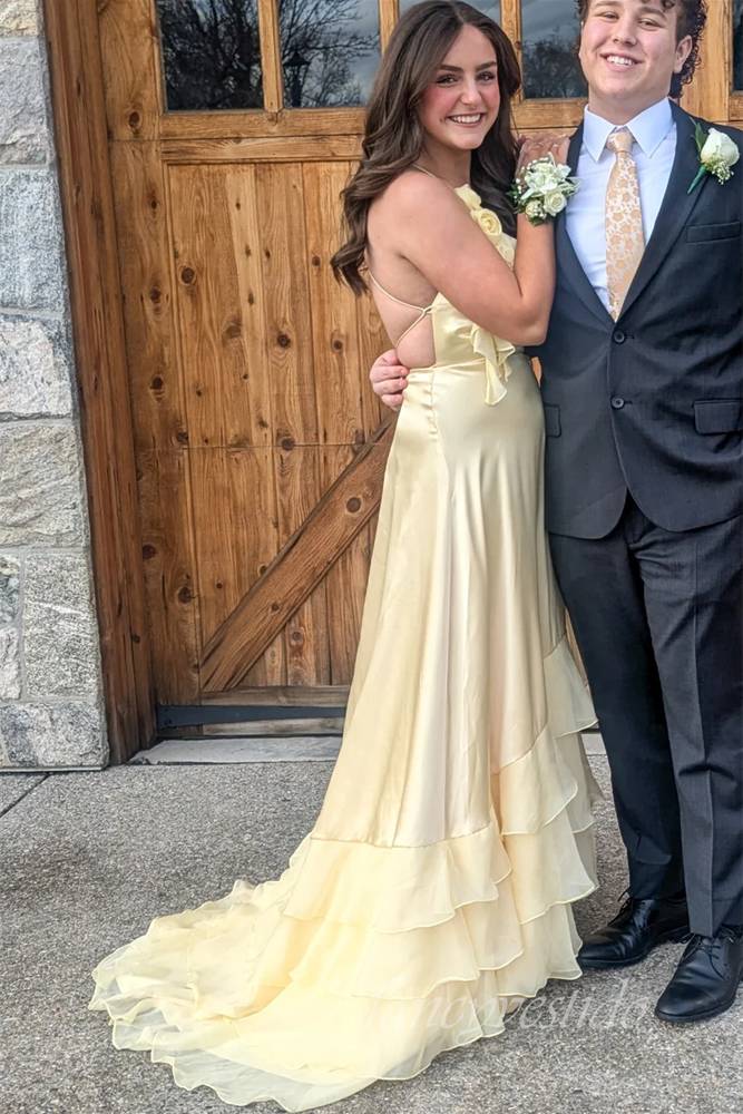 Crew Neck Ruffle A-Line Prom Dress with Lace-up Back