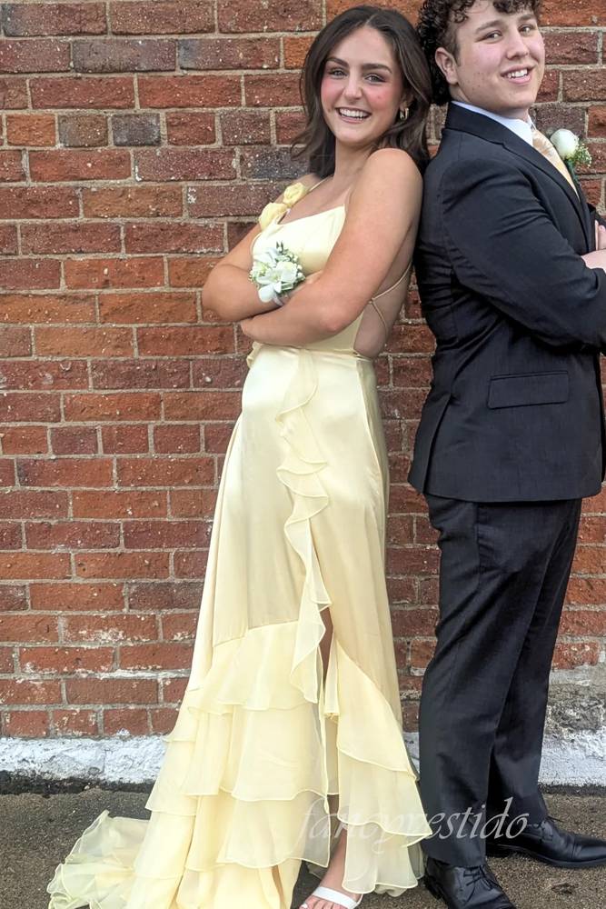 Crew Neck Ruffle A-Line Prom Dress with Lace-up Back