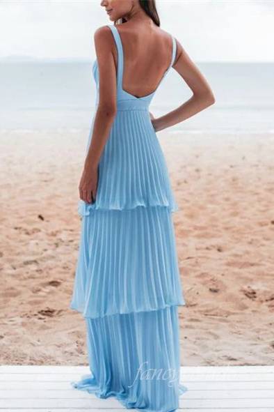 Straps Blue Pleated Ruffle A-Line Prom Dress with Backless